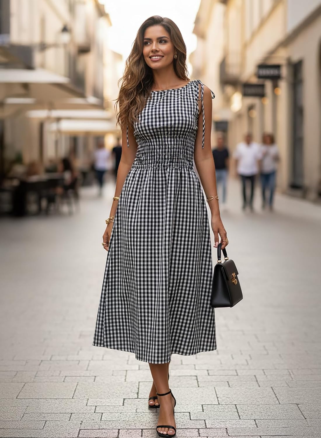 Acelitt Summer Maxi Dresses for Women 2026 Smocked Waist Gingham Dress Flowy A Line Beach Long Sundresses with Pockets