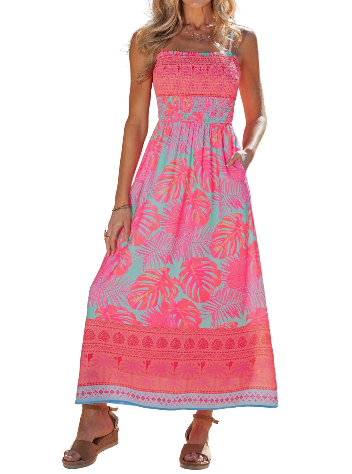 popvil Women Summer Maxi Dress 2026 Spaghetti Strap Long Beach Dress Boho A-Line Flowy Casual Sleeveless Sun Dress