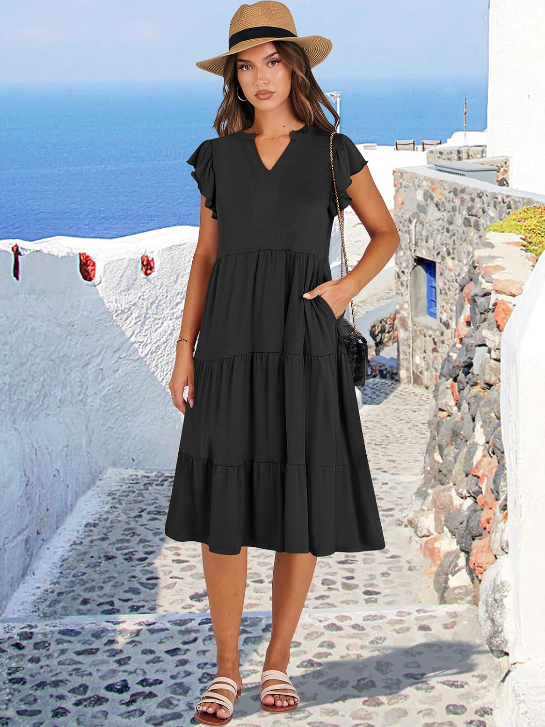 ANRABESS Womens Summer Dress Ruffle Sleeve V Neck Midi Dresses Fashion Casual Fit Flowy Tiered Boho Beach Vacation Sundress
