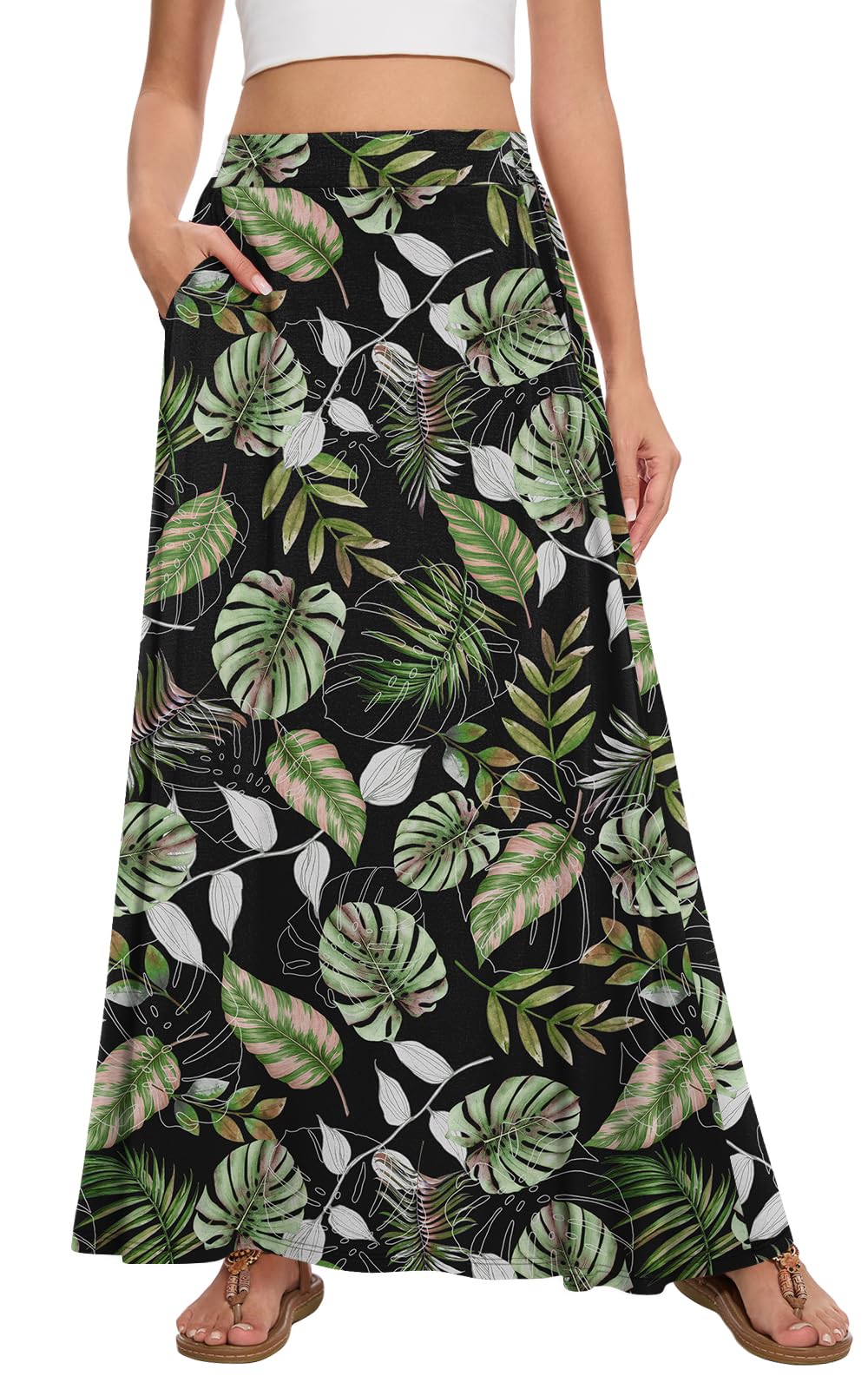 Womens Maxi A-line Long Skirt Casual 2026 Elastic High Waist Flowy Skirts with Pockets