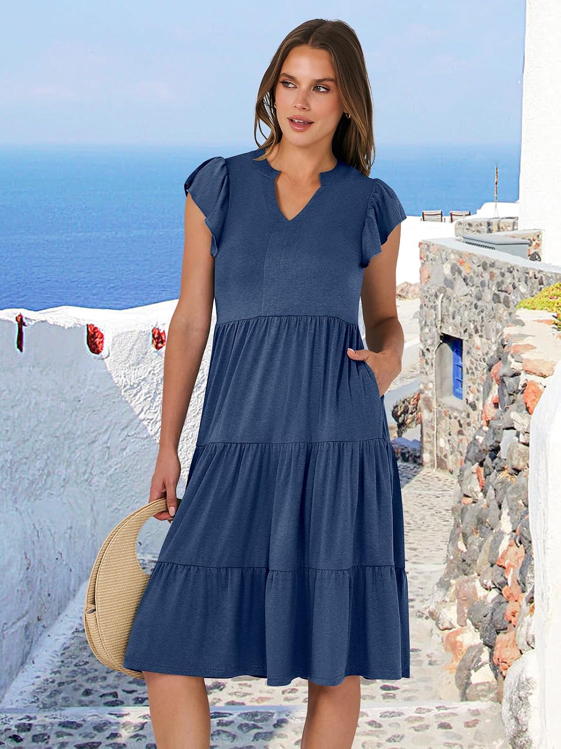 ANRABESS Womens Summer Dress Ruffle Sleeve V Neck Midi Dresses Fashion Casual Fit Flowy Tiered Boho Beach Vacation Sundress