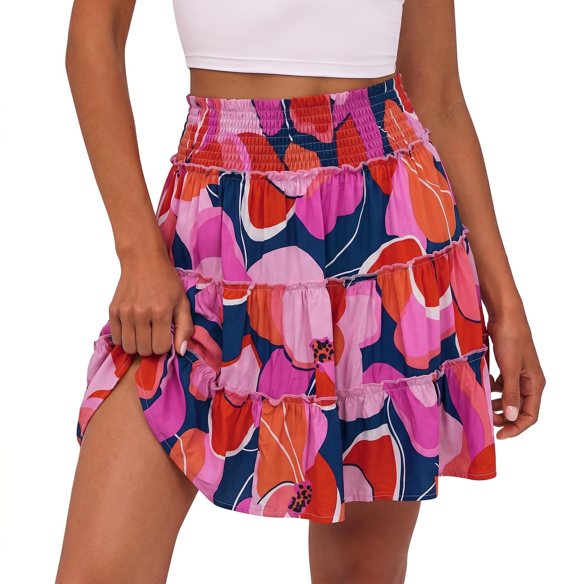 Caracilia Womens Summer Flowy Mini Skorts Skirts High Waist Ruffle Tiered Casual Cute Boho Beach Short Skirts Built-in Shorts