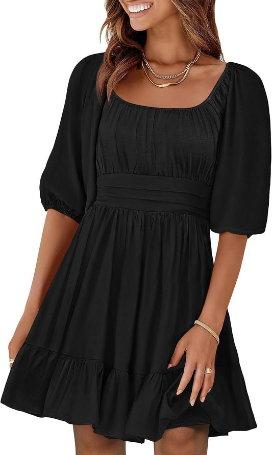 ANRABESS Womens Lantern Short Sleeve Square Neck Casual Flowy Mini Dresses 2026 Holiday Summer Spring Beach Vacation Clothes