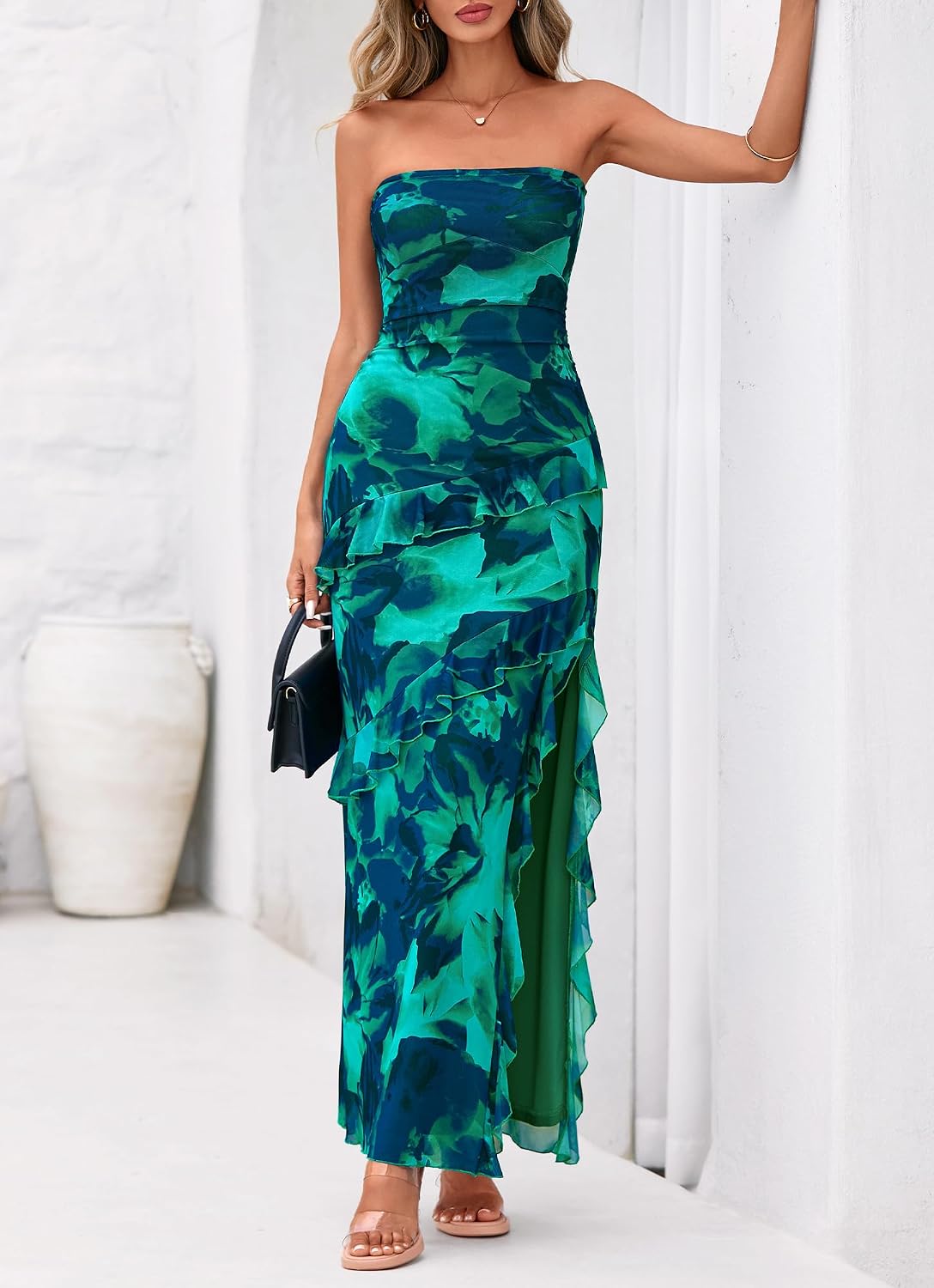 BTFBM Off The Shoulder Dresses for Women Summer 2026 Strapless Ruffle Slit Formal Wedding Guest Dress Cocktail Party