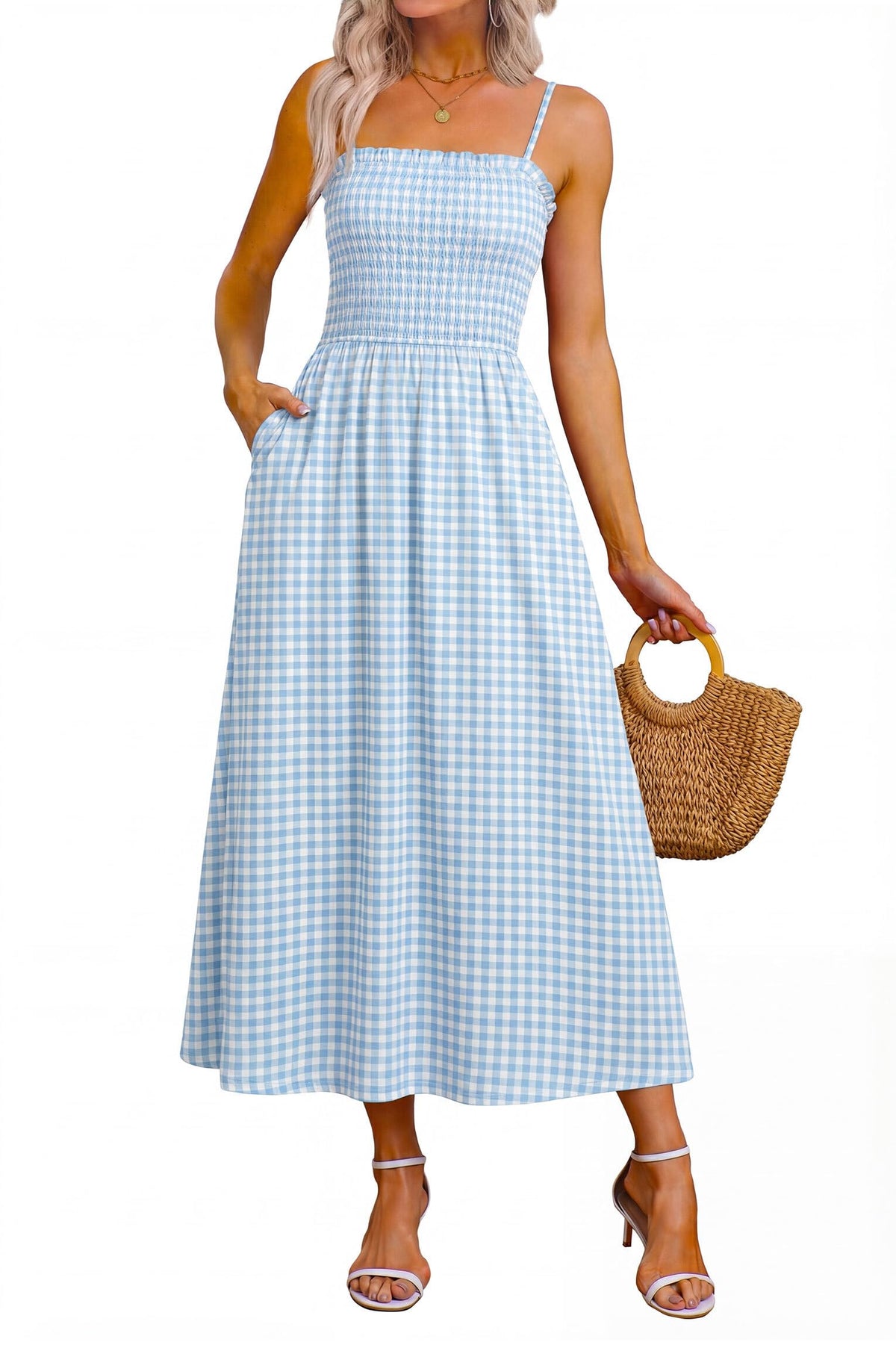 OFEEFAN Womens Spaghetti Strap Maxi Dresses Smocked with Pockets 2026 Summer Spring Casual Boho Beach Long Sundresses