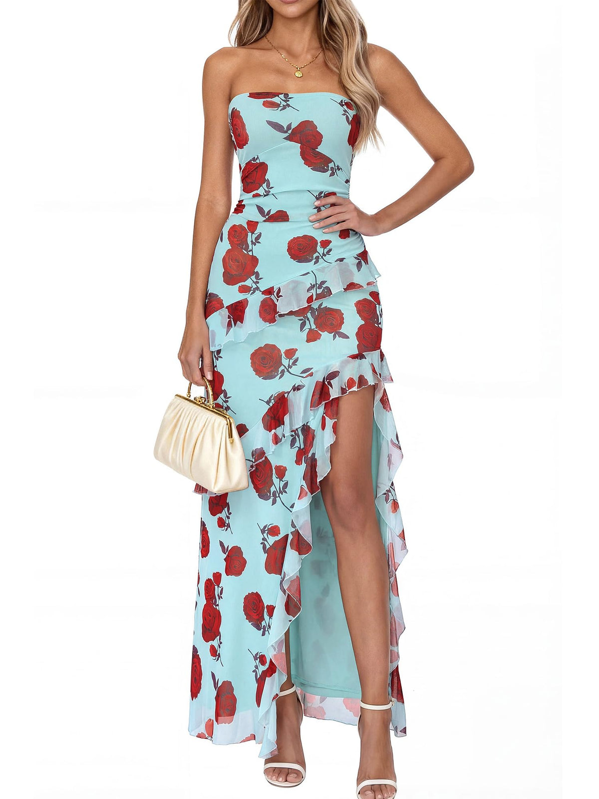 BTFBM Off The Shoulder Dresses for Women Summer 2026 Strapless Ruffle Slit Formal Wedding Guest Dress Cocktail Party