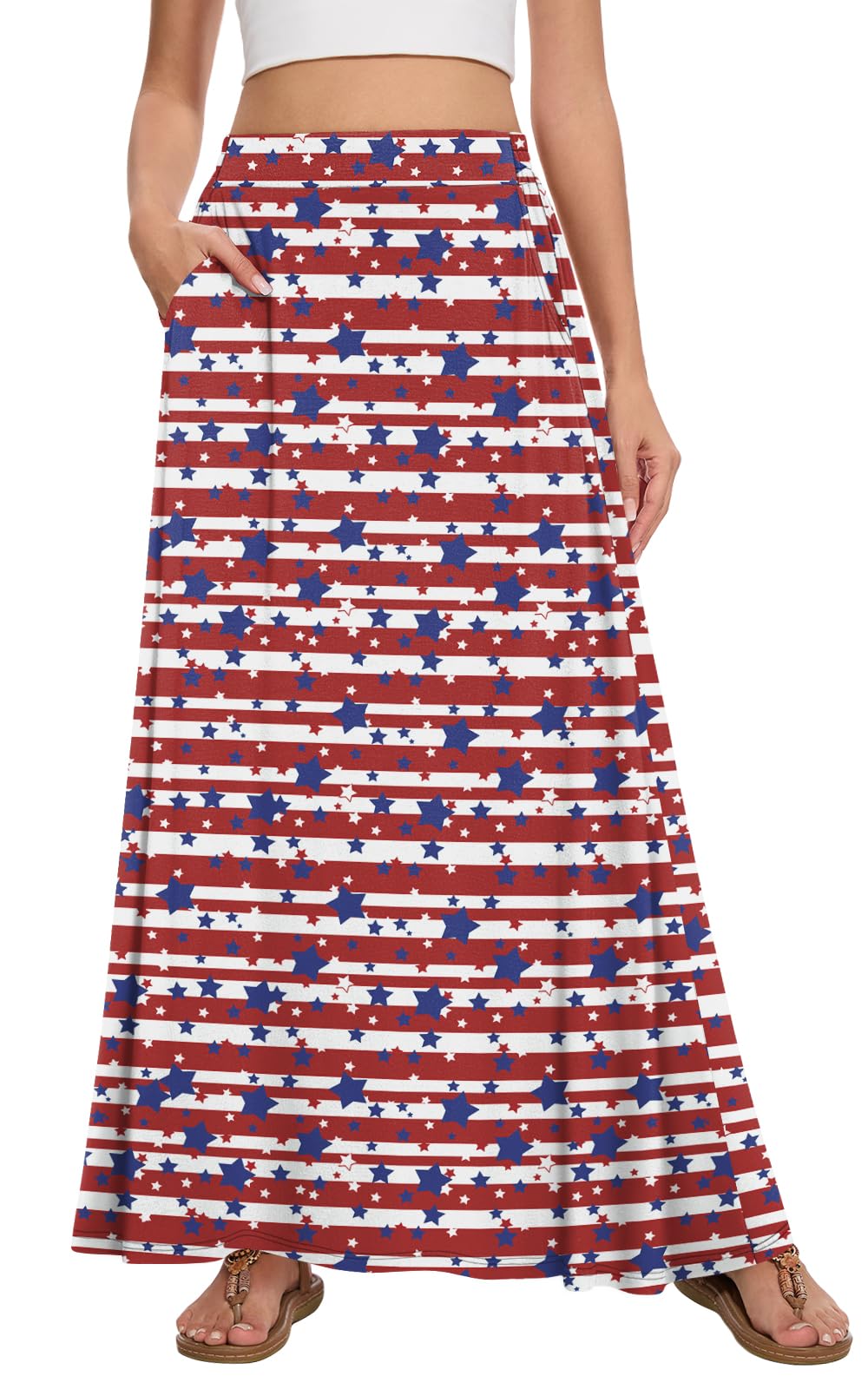 Womens Maxi A-line Long Skirt Casual 2026 Elastic High Waist Flowy Skirts with Pockets