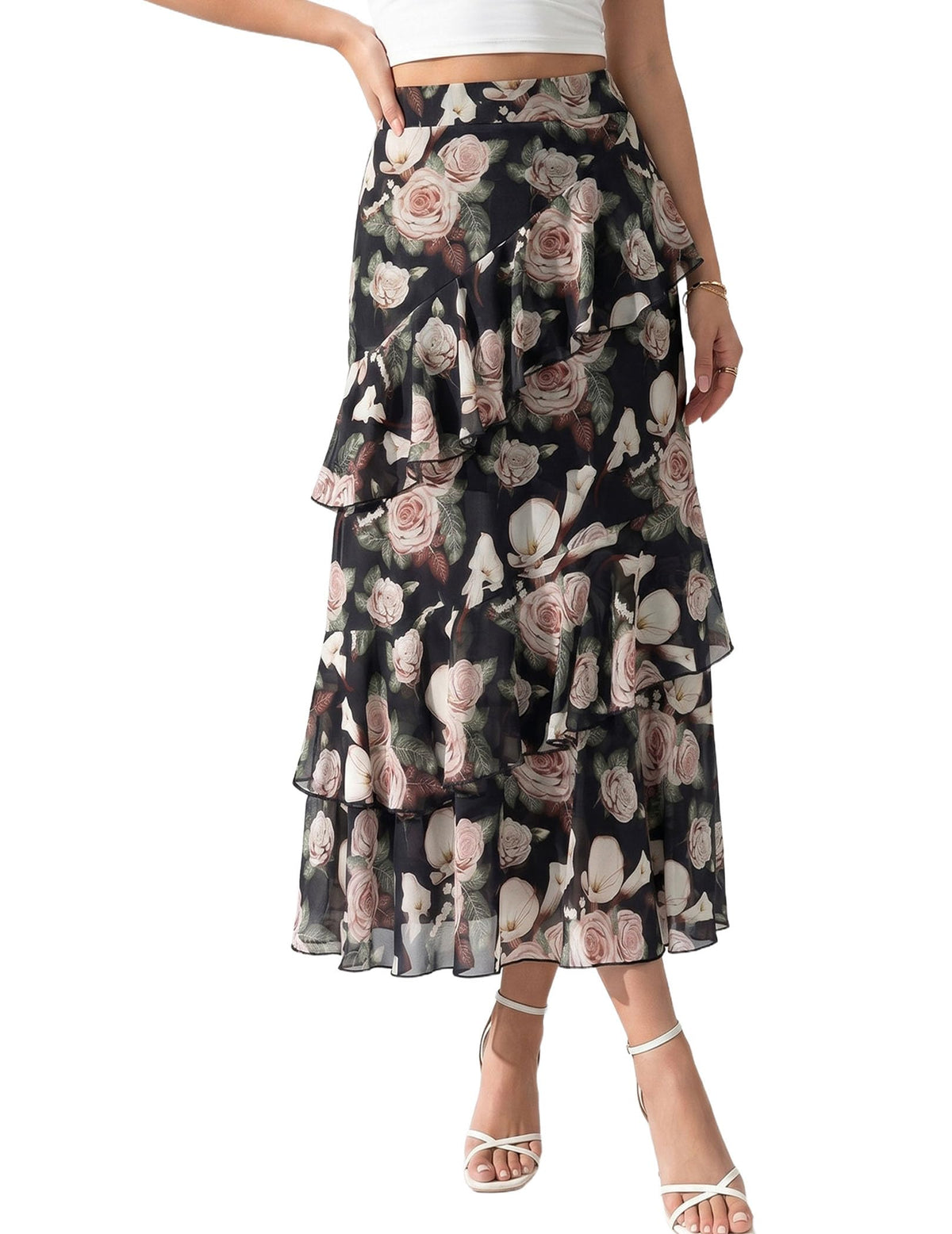 DERAX Women's Boho Flowy White Maxi Skirt Flared Ruffle Elastic Waist Summer A Line 2026 Spring Long Skirts