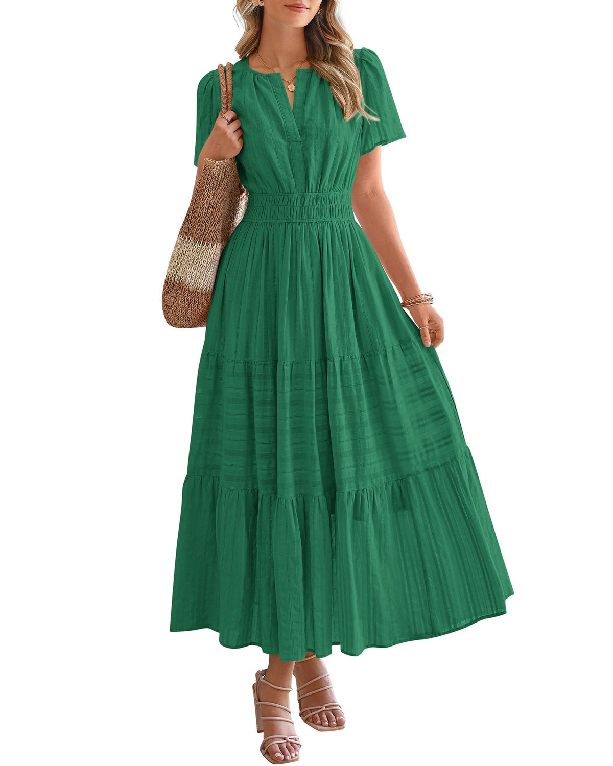 BTFBM Womens Summer 2026 Casual Midi Maxi Dresses Lightweight Short Sleeve V Neck Elastic Waist Boho Beach Dress Pockets