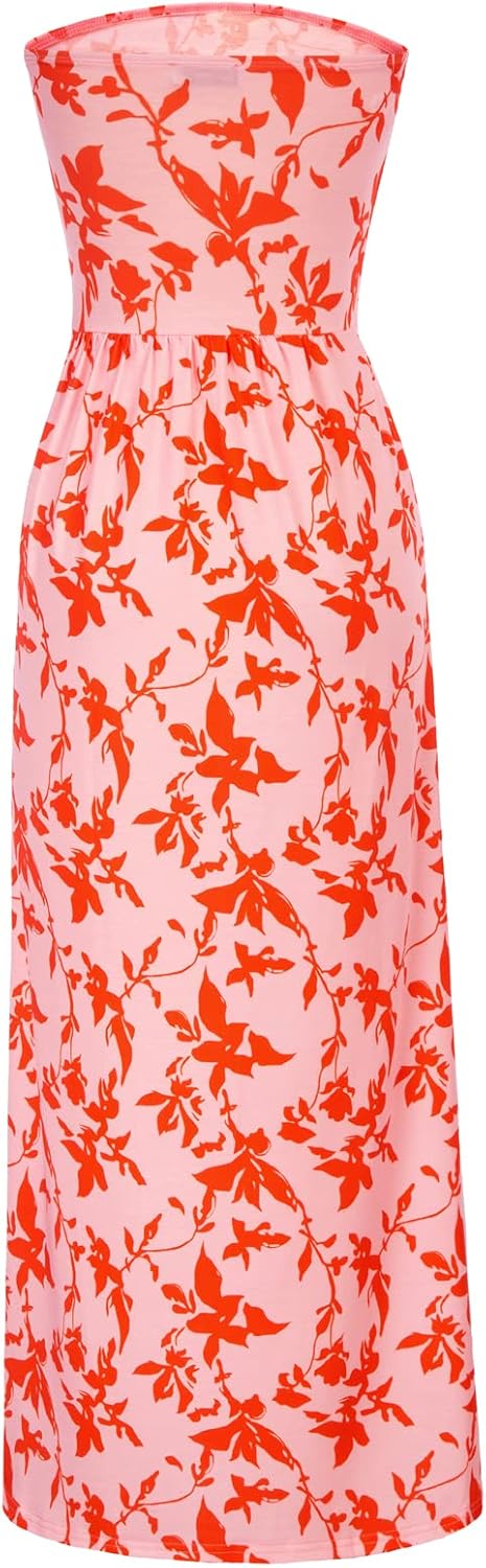 GRACE KARIN Women Strapless Dress Casual Loose Ruched Long Maxi Dress with Pockets