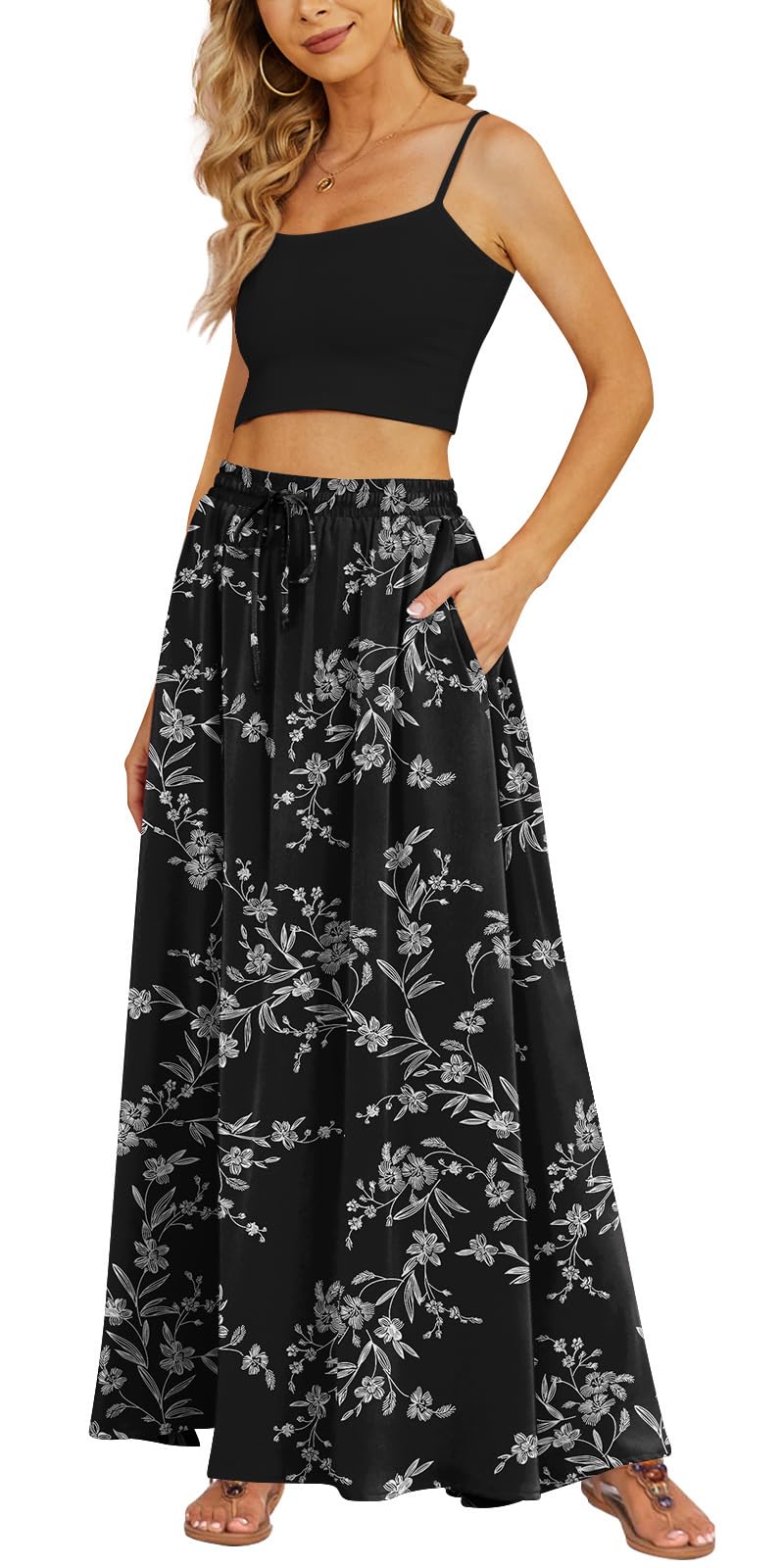 Yincro Women's Flowy Maxi Skirt Summer Pleated High Waisted Casual Long Skirts with Pockets