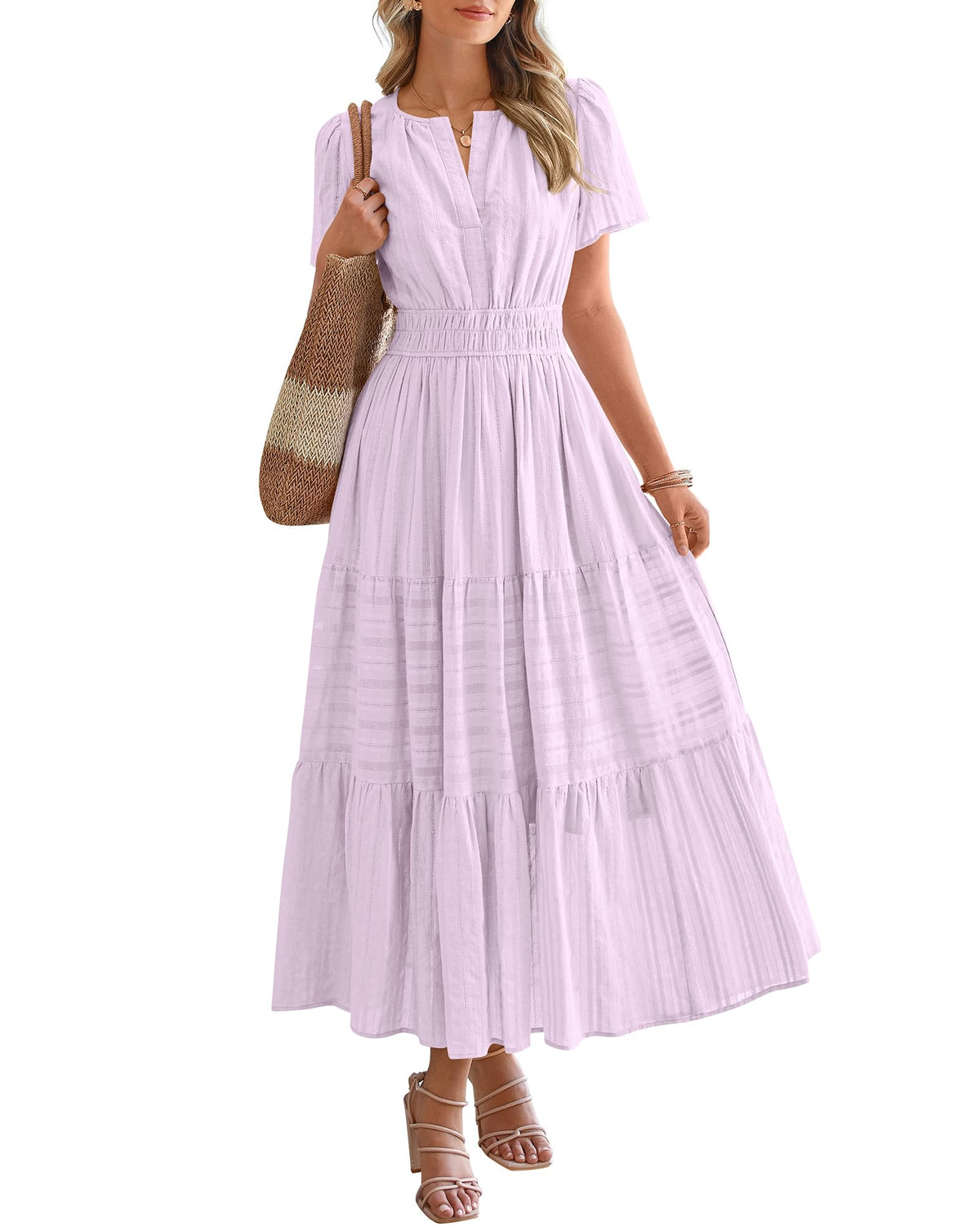 BTFBM Womens Summer 2026 Casual Midi Maxi Dresses Lightweight Short Sleeve V Neck Elastic Waist Boho Beach Dress Pockets