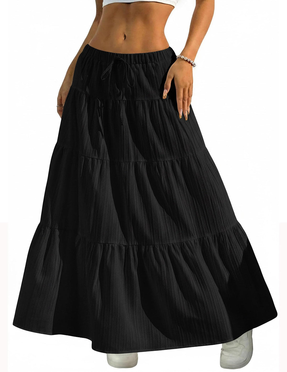 DERAX Women's Boho Flowy White Maxi Skirt Flared Ruffle Elastic Waist Summer A Line 2026 Spring Long Skirts