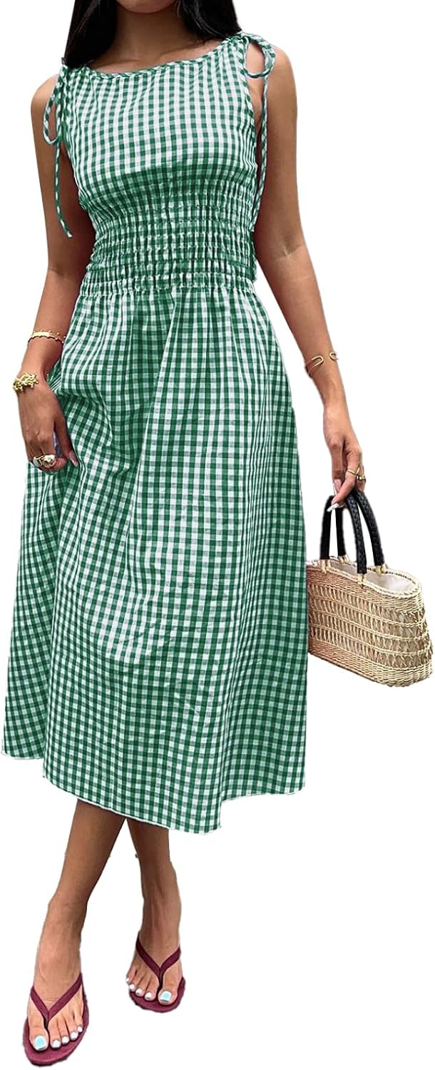 Acelitt Summer Maxi Dresses for Women 2026 Smocked Waist Gingham Dress Flowy A Line Beach Long Sundresses with Pockets