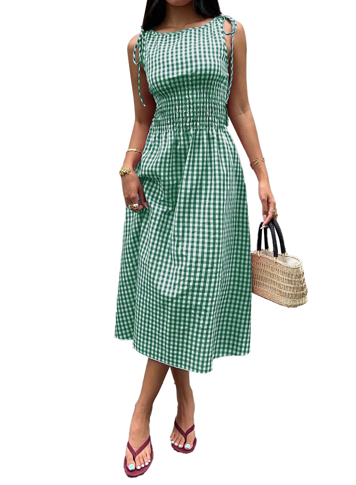 Acelitt Summer Maxi Dresses for Women 2026 Smocked Waist Gingham Dress Flowy A Line Beach Long Sundresses with Pockets