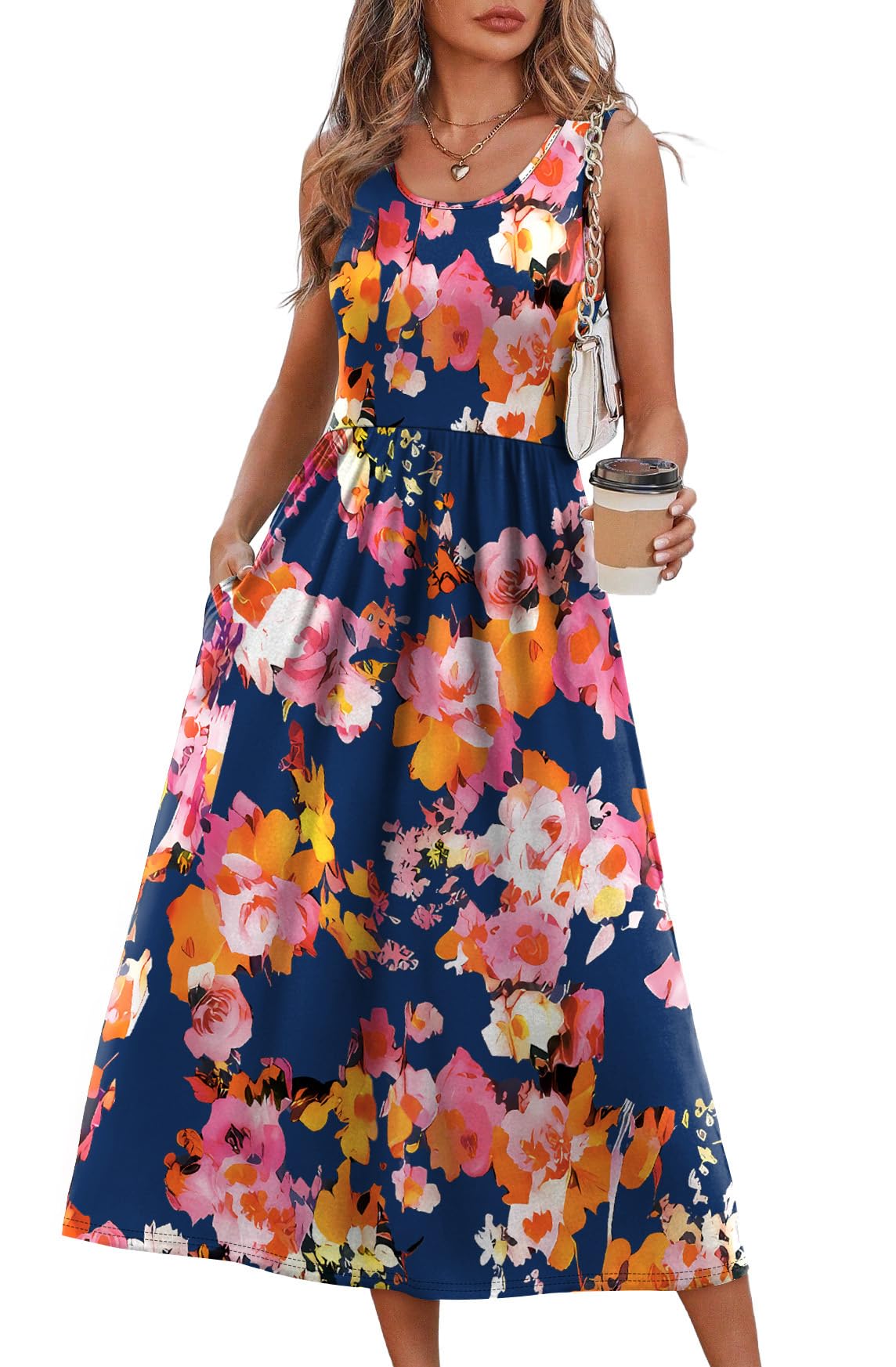 WIHOLL Summer Dresses for Women Flowy Casual Midi Dress Beach Vacation Sundresses with Pockets