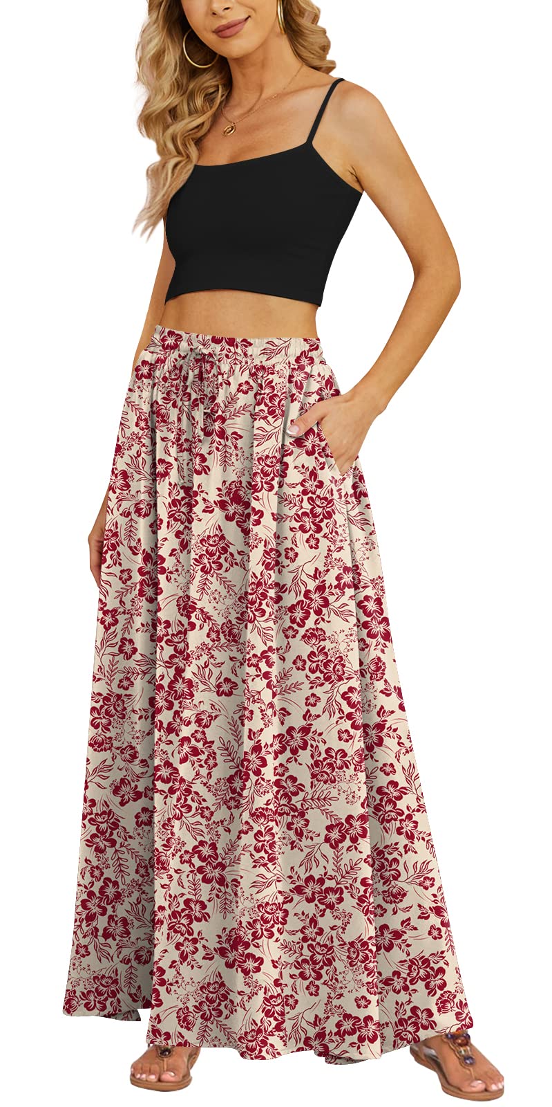 Yincro Women's Flowy Maxi Skirt Summer Pleated High Waisted Casual Long Skirts with Pockets