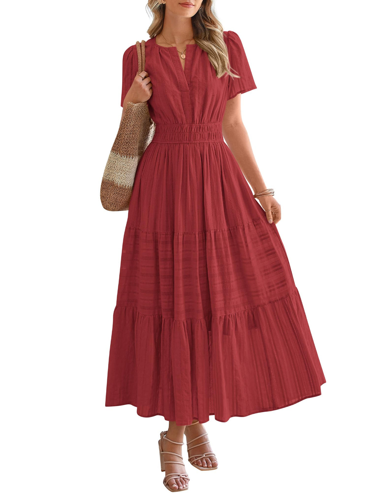 BTFBM Womens Summer 2026 Casual Midi Maxi Dresses Lightweight Short Sleeve V Neck Elastic Waist Boho Beach Dress Pockets