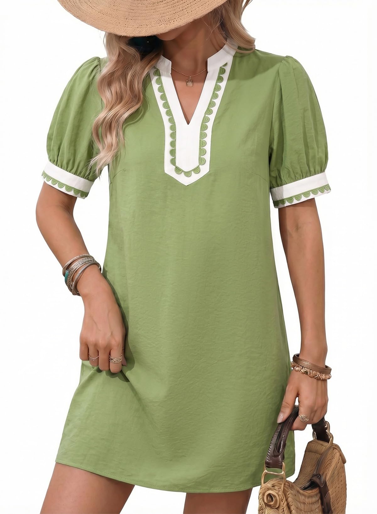 Dokotoo Summer Dresses for Women 2026 Boho Floral Puff Short Sleeve V Neck Trim Casual Mini Dress Sundress