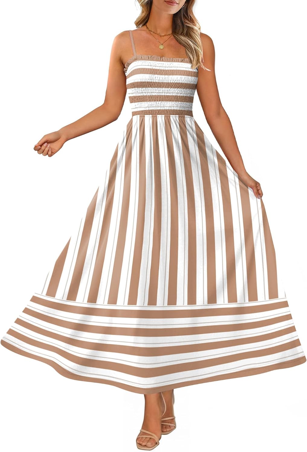 OFEEFAN Womens Spaghetti Strap Maxi Dresses Smocked with Pockets 2026 Summer Spring Casual Boho Beach Long Sundresses