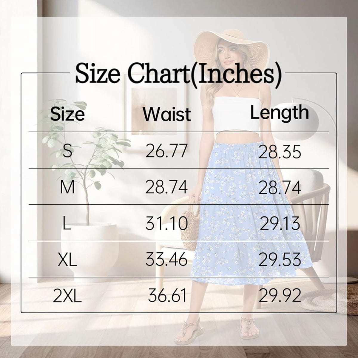 Women's Summer Midi Skirt High Elastic Waist Flowy Ruffle Casual Boho A-Line Skirts with Pockets