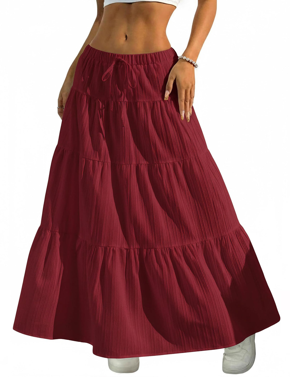 DERAX Women's Boho Flowy White Maxi Skirt Flared Ruffle Elastic Waist Summer A Line 2026 Spring Long Skirts