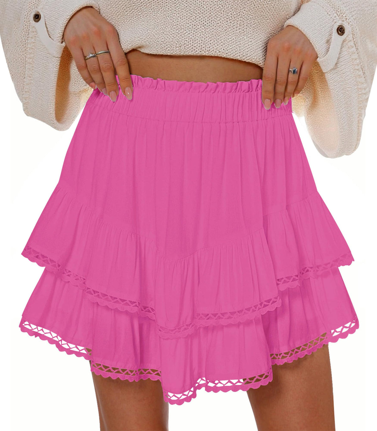 Flowy Shorts for Women Summer Casual Lace Skorts Boho High Waist Tiered Ruffle Mini Skirts