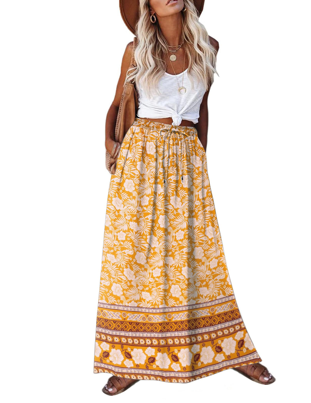 Zeagoo Women's 2026 Boho Floral Skirt Casual Elastic High Waist Maxi Skirts Flowy A Line Beach Long Skirt with Side Pockets