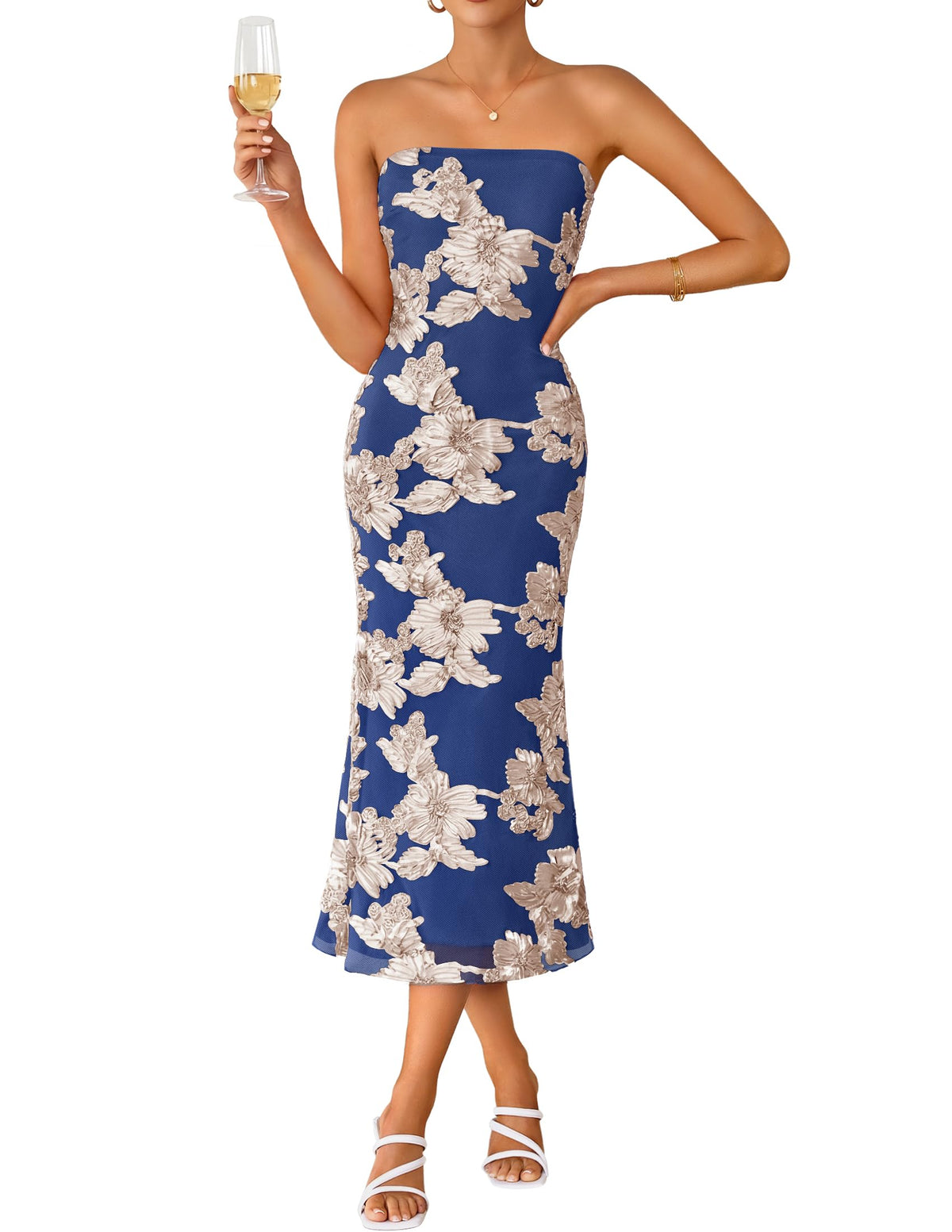 ZESICA Cocktail Wedding Guest Dresses for Women 2026 Summer Strapless Floral Bodycon Mesh Tube Formal Party Midi Dress