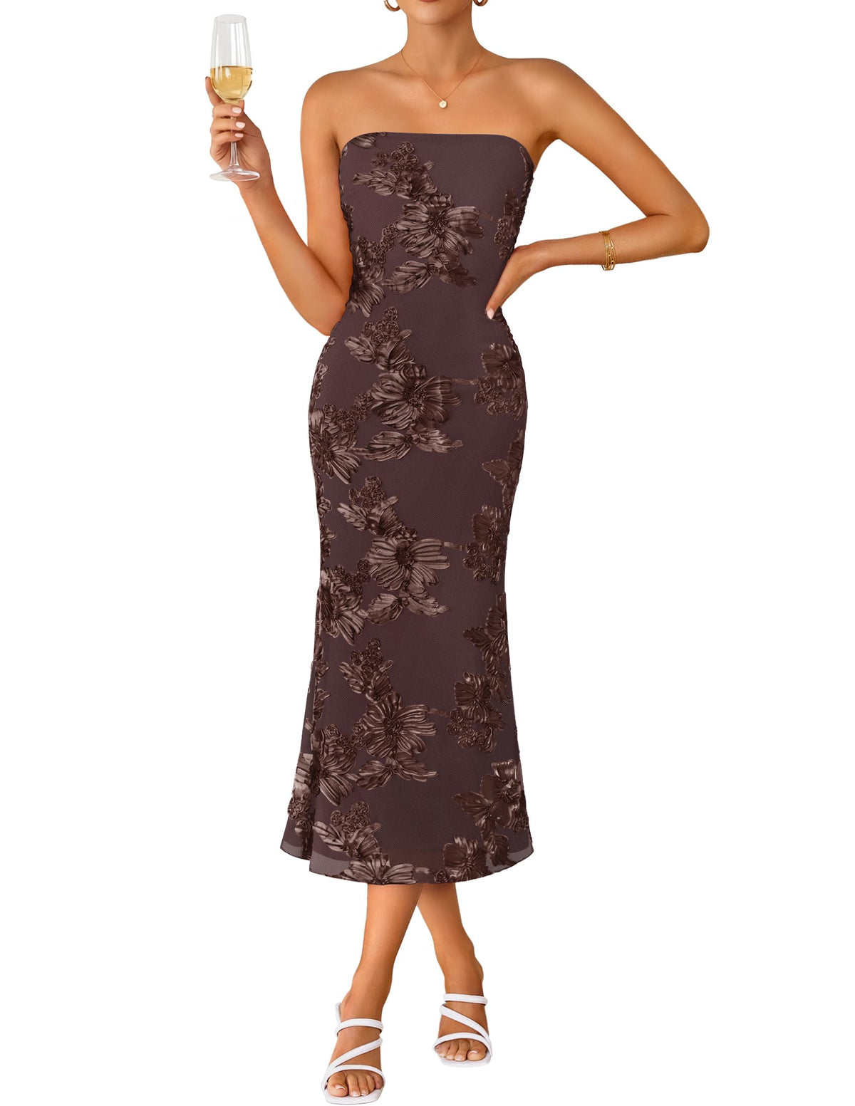 ZESICA Cocktail Wedding Guest Dresses for Women 2026 Summer Strapless Floral Bodycon Mesh Tube Formal Party Midi Dress