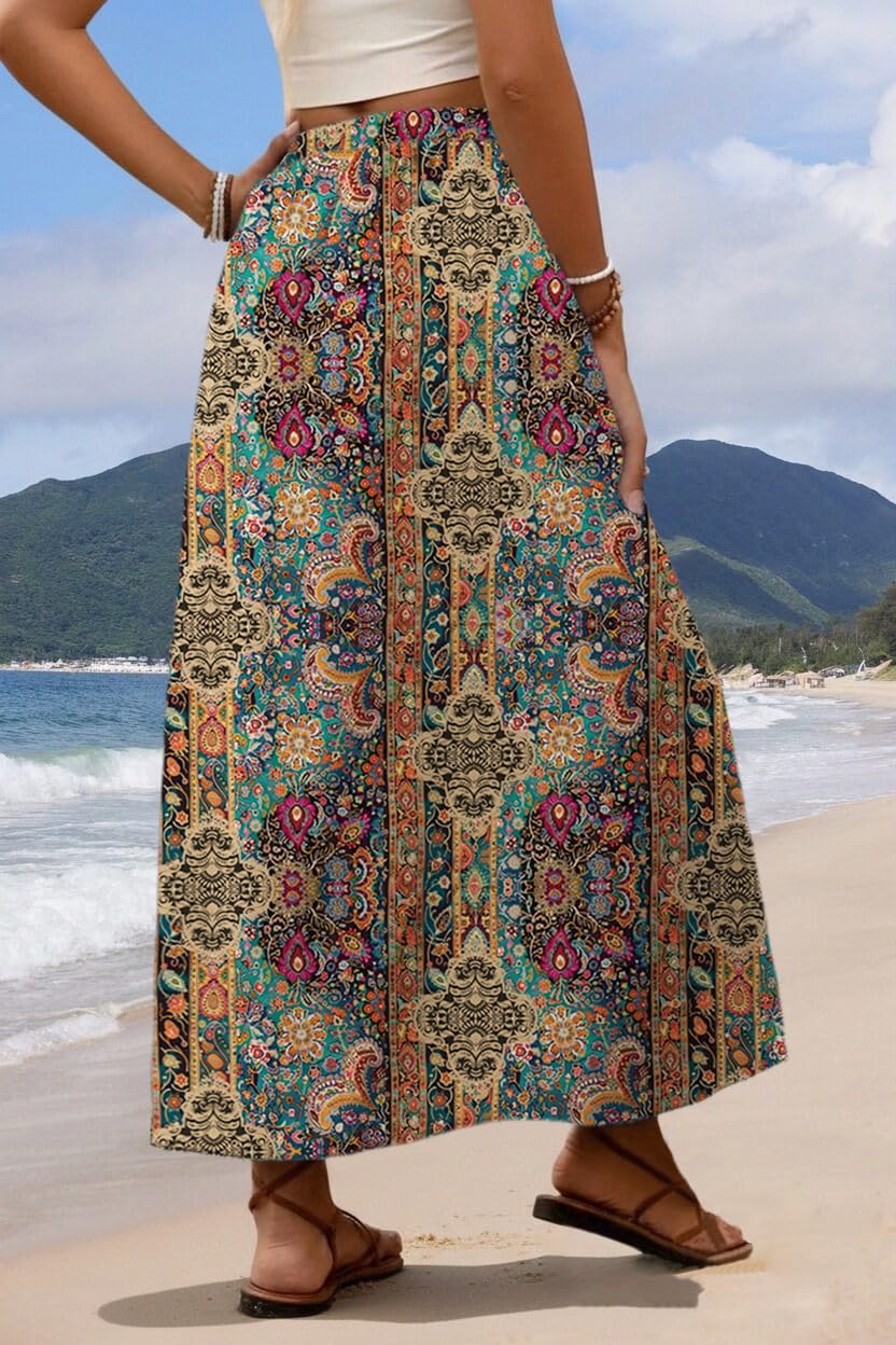 Zeagoo Women's 2026 Boho Floral Skirt Casual Elastic High Waist Maxi Skirts Flowy A Line Beach Long Skirt with Side Pockets