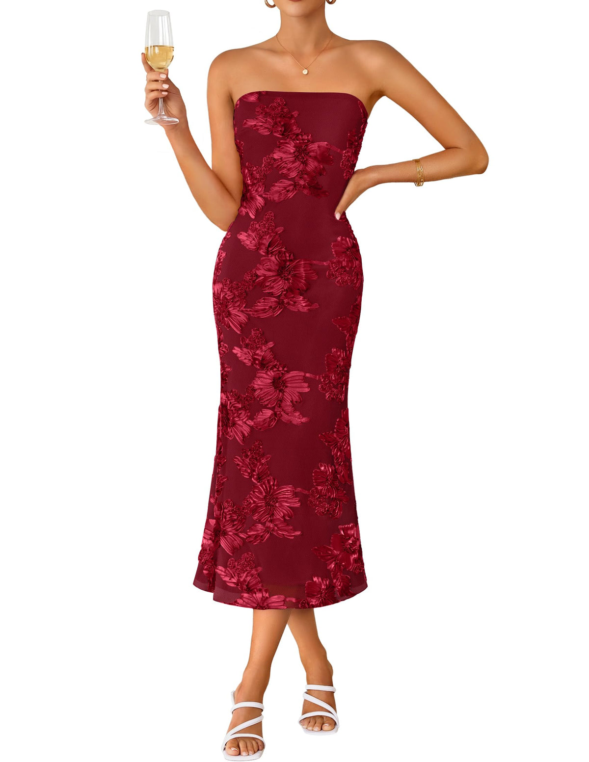 ZESICA Cocktail Wedding Guest Dresses for Women 2026 Summer Strapless Floral Bodycon Mesh Tube Formal Party Midi Dress