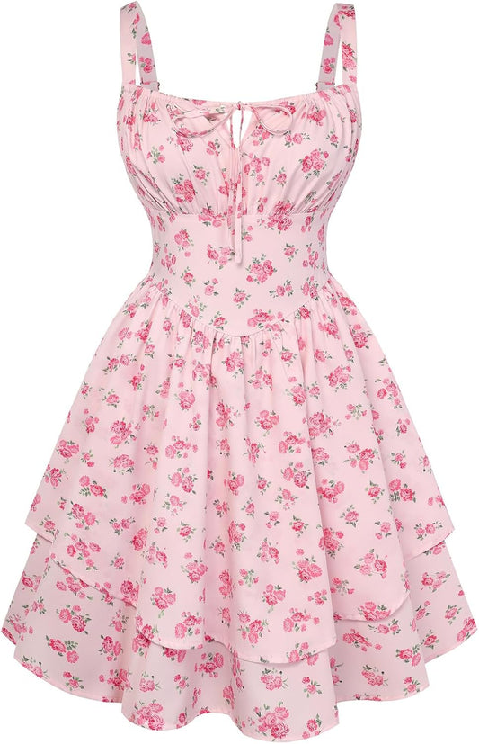 Scarlet Darkness Floral Mini Corset Dress for Women Teen 2026 Summer Spring Flowy A-Line Sundress with Pockets
