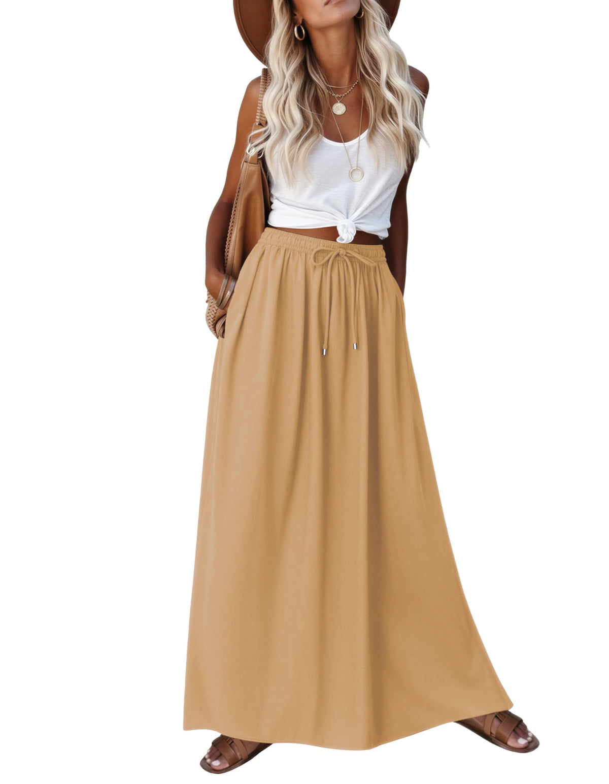 Zeagoo Women's 2026 Boho Floral Skirt Casual Elastic High Waist Maxi Skirts Flowy A Line Beach Long Skirt with Side Pockets
