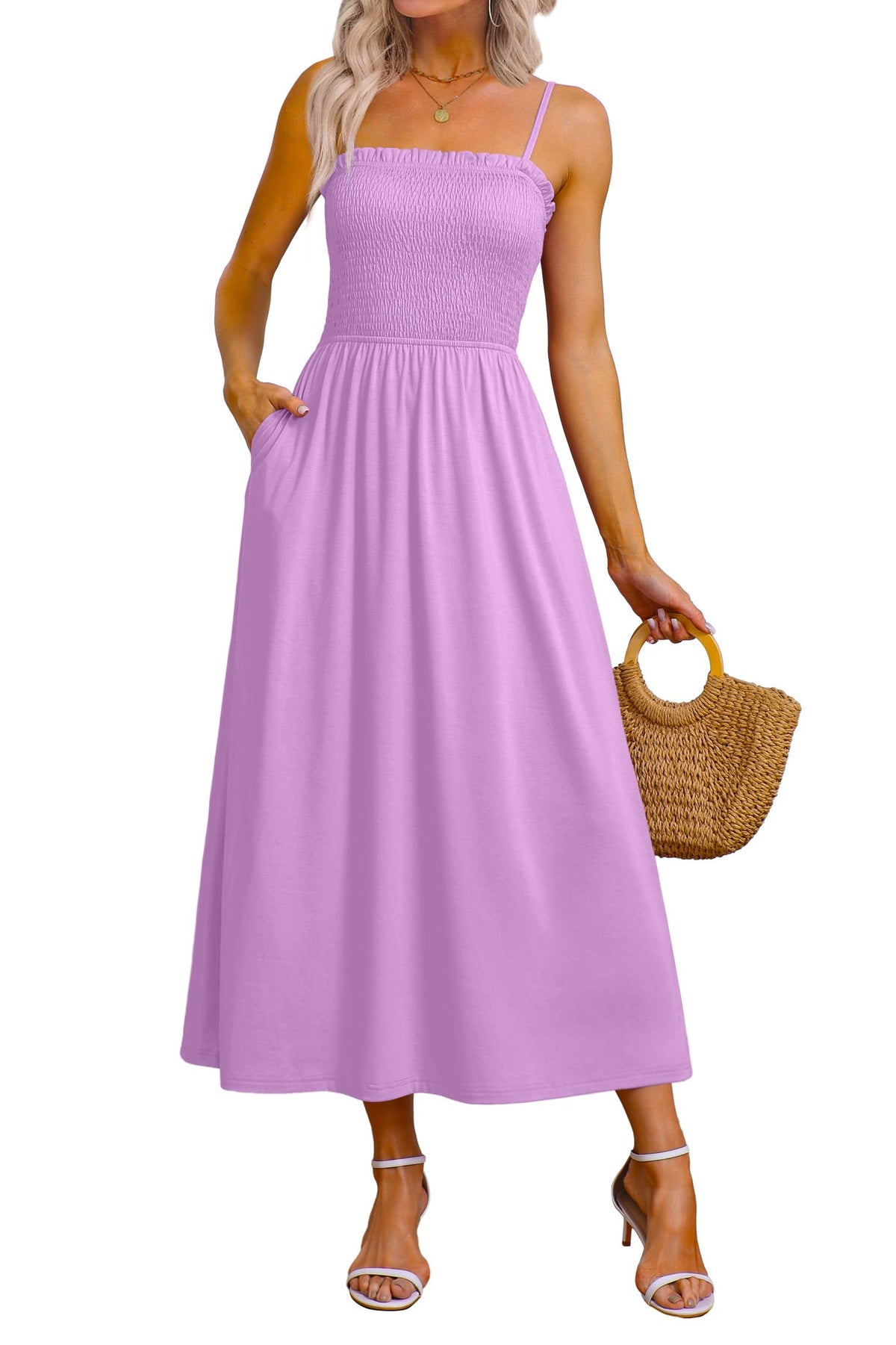 OFEEFAN Womens Spaghetti Strap Maxi Dresses Smocked with Pockets 2026 Summer Spring Casual Boho Beach Long Sundresses