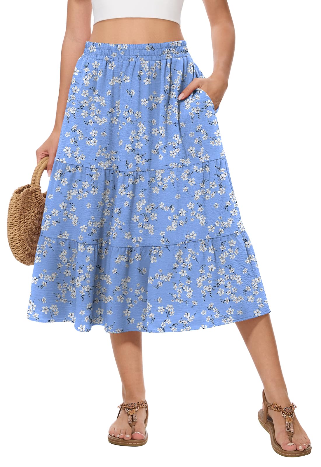 Women's Summer Midi Skirt High Elastic Waist Flowy Ruffle Casual Boho A-Line Skirts with Pockets