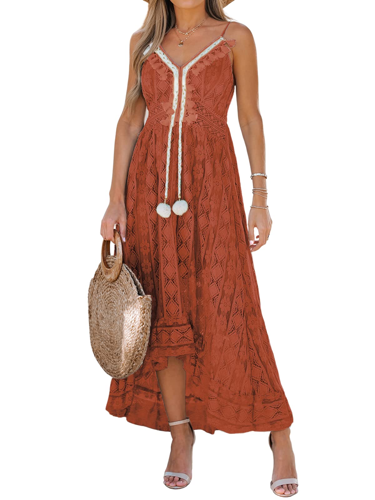 CUPSHE Maxi Summer Dress for Women Lace V Neck Sleeveless Sundress Boho Crochet Tassel Flowy Beach Vacation Graduation Dress