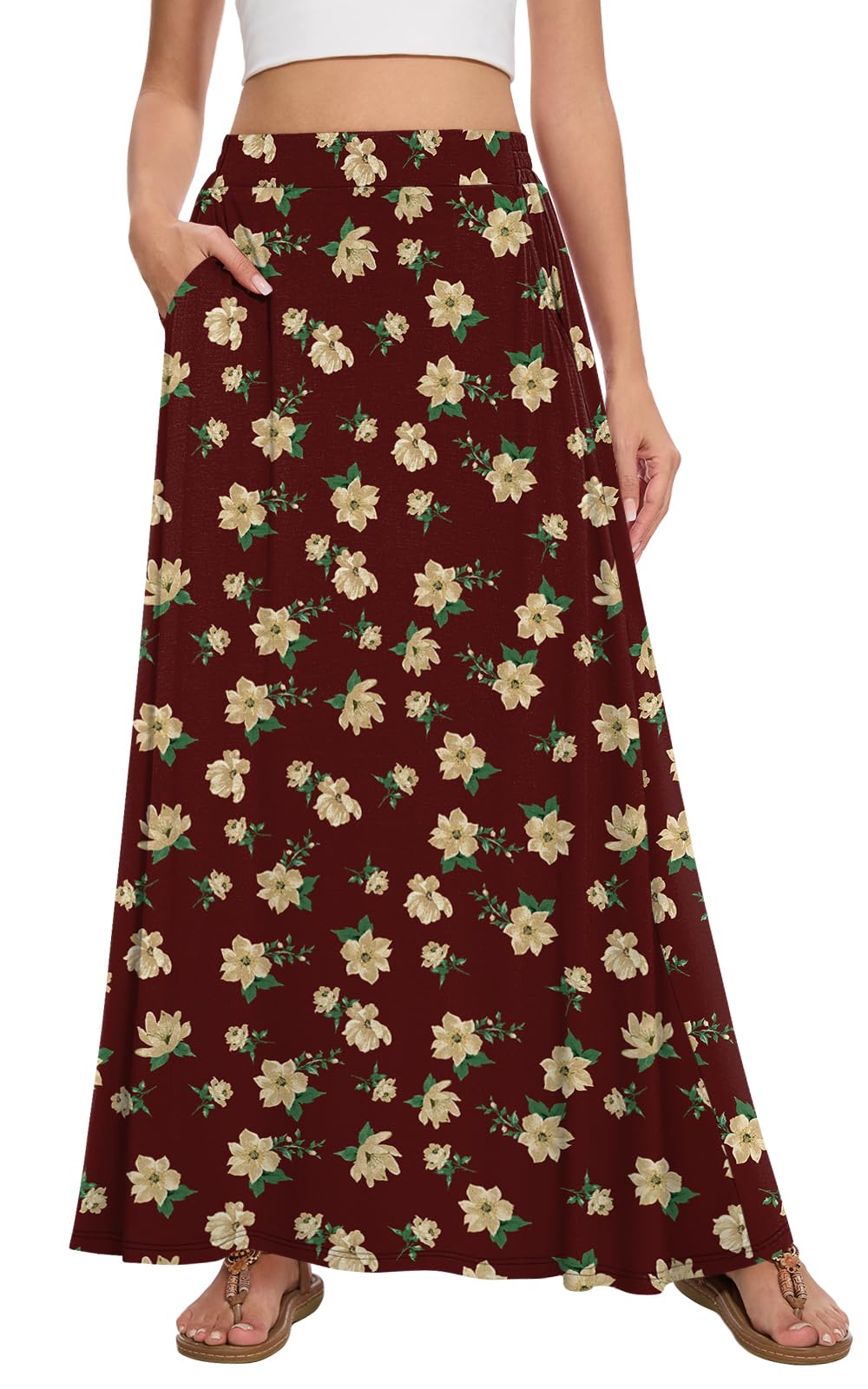 Womens Maxi A-line Long Skirt Casual 2026 Elastic High Waist Flowy Skirts with Pockets