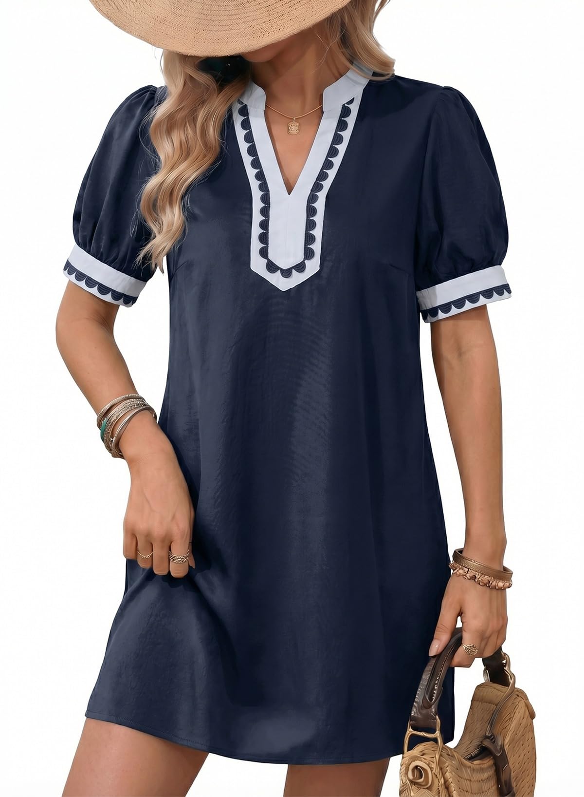 Dokotoo Summer Dresses for Women 2026 Boho Floral Puff Short Sleeve V Neck Trim Casual Mini Dress Sundress