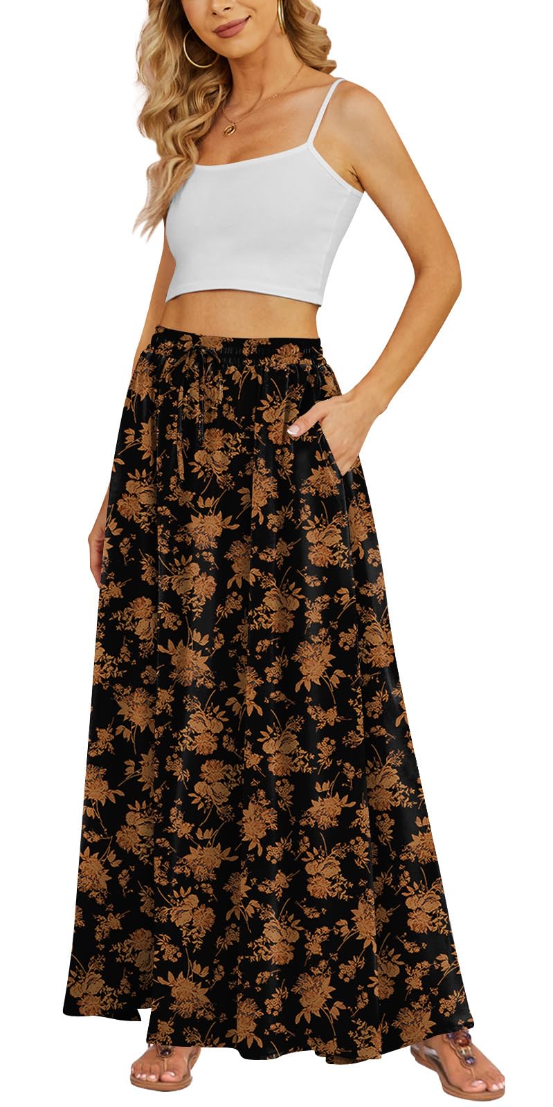Yincro Women's Flowy Maxi Skirt Summer Pleated High Waisted Casual Long Skirts with Pockets
