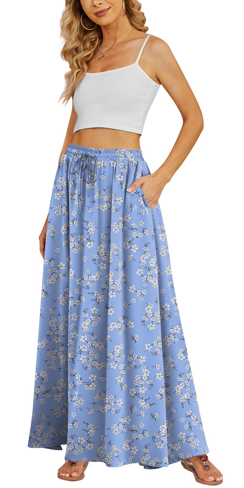 Yincro Women's Flowy Maxi Skirt Summer Pleated High Waisted Casual Long Skirts with Pockets
