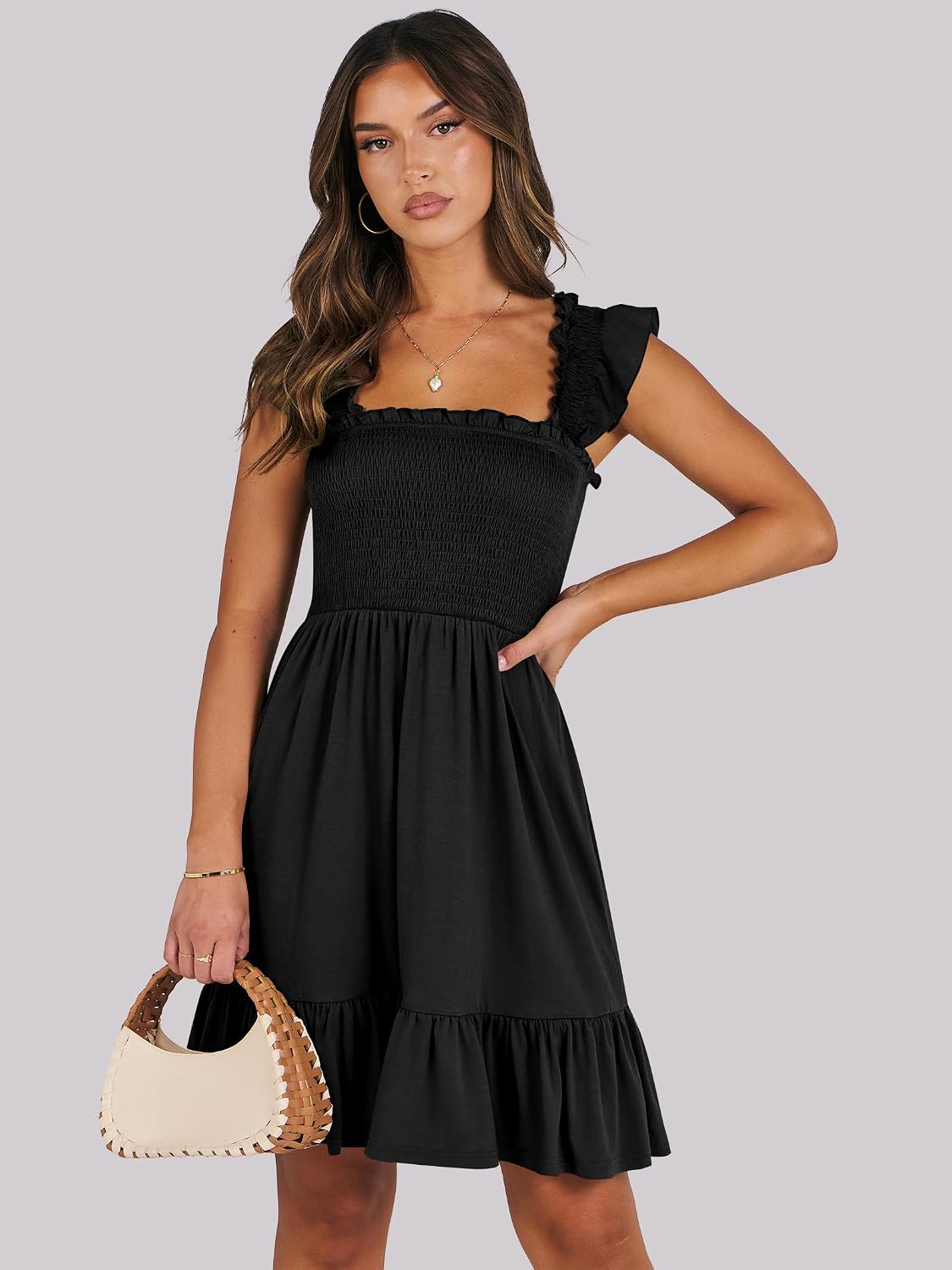 ANRABESS Women's Summer Casual Sleeveless Square Neck Dress 2026 Smocked Ruffle Backless Boho Beach Cute Teen Short Sundress