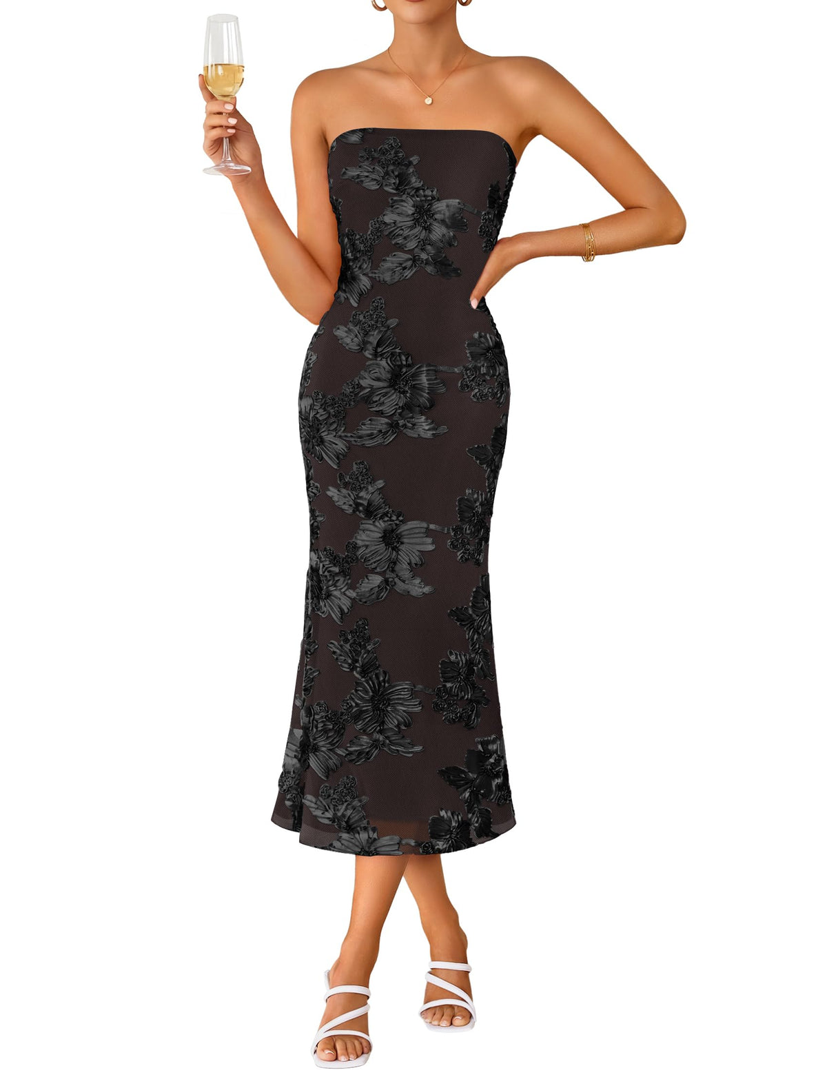 ZESICA Cocktail Wedding Guest Dresses for Women 2026 Summer Strapless Floral Bodycon Mesh Tube Formal Party Midi Dress