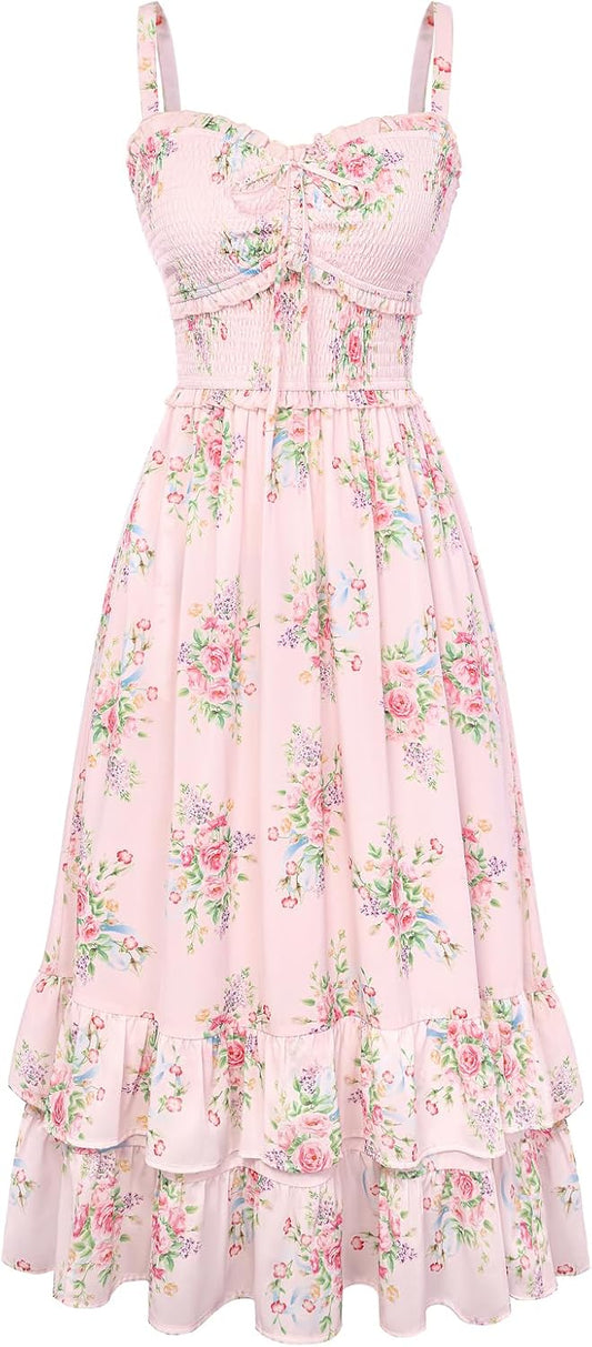 Scarlet Darkness Women's Floral Cottagecore Dress Smocked A Line Casual Milkmaid Sundress with Pockets