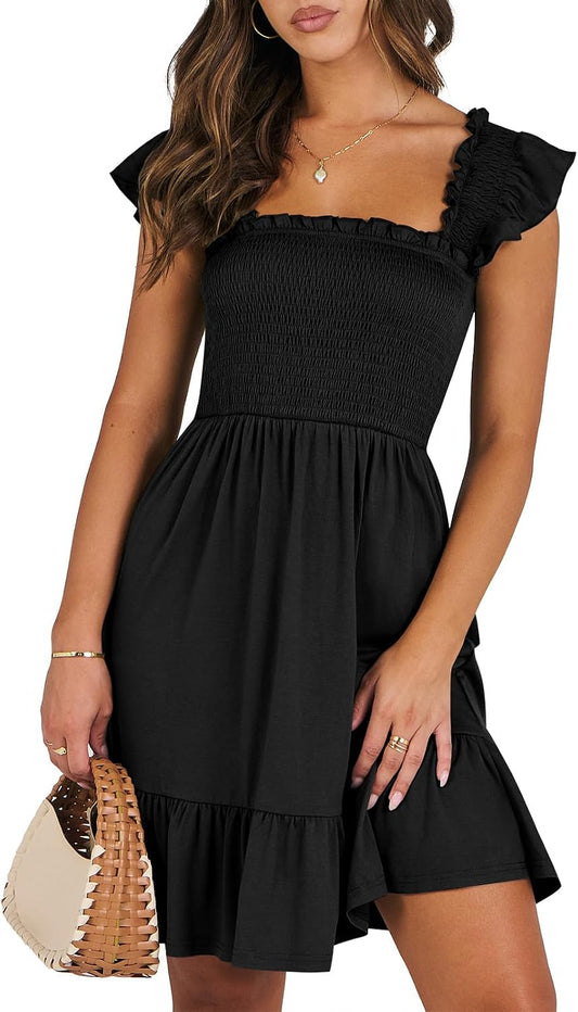 ANRABESS Women's Summer Casual Sleeveless Square Neck Dress 2026 Smocked Ruffle Backless Boho Beach Cute Teen Short Sundress