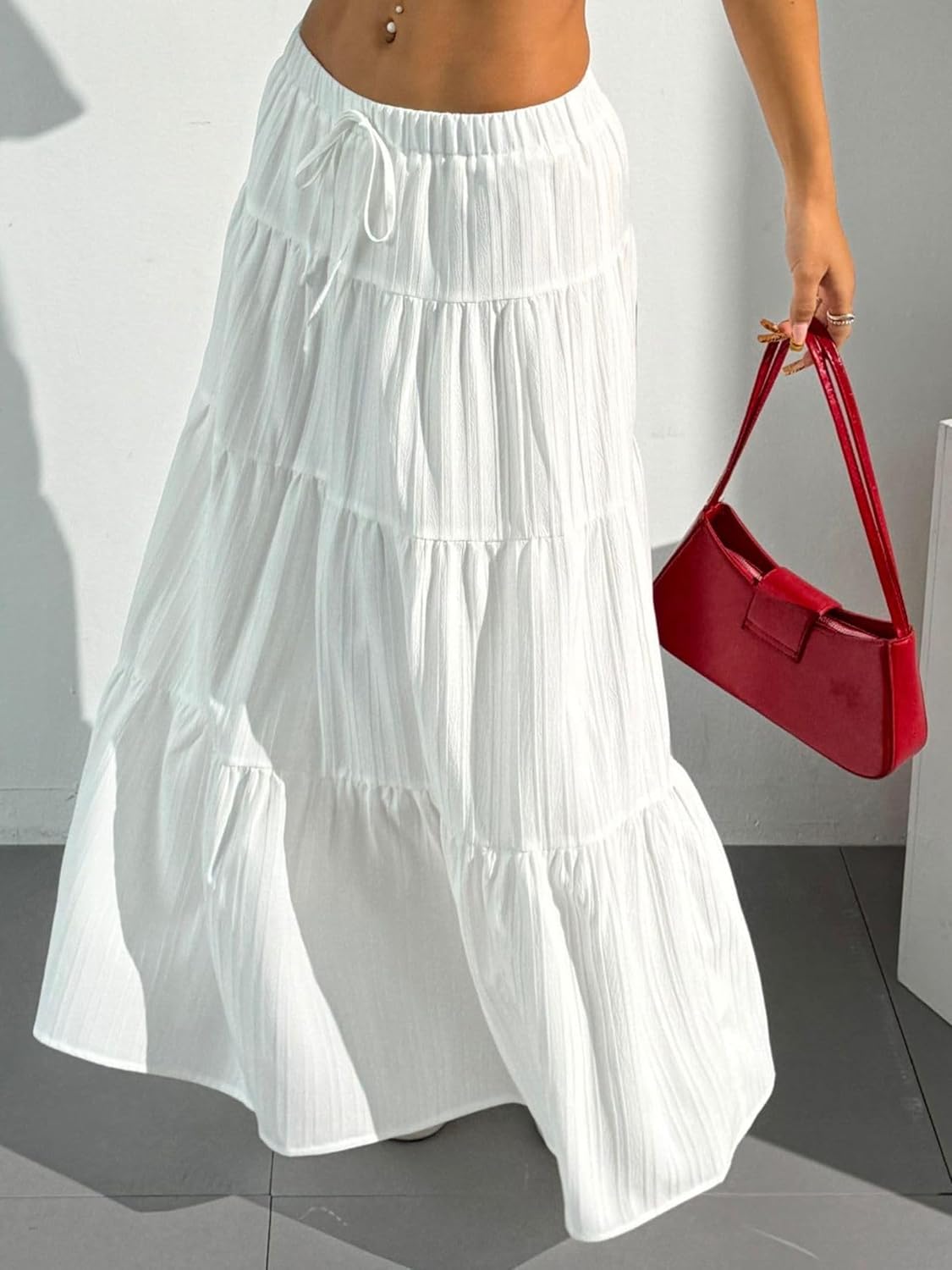 DERAX Women's Boho Flowy White Maxi Skirt Flared Ruffle Elastic Waist Summer A Line 2026 Spring Long Skirts
