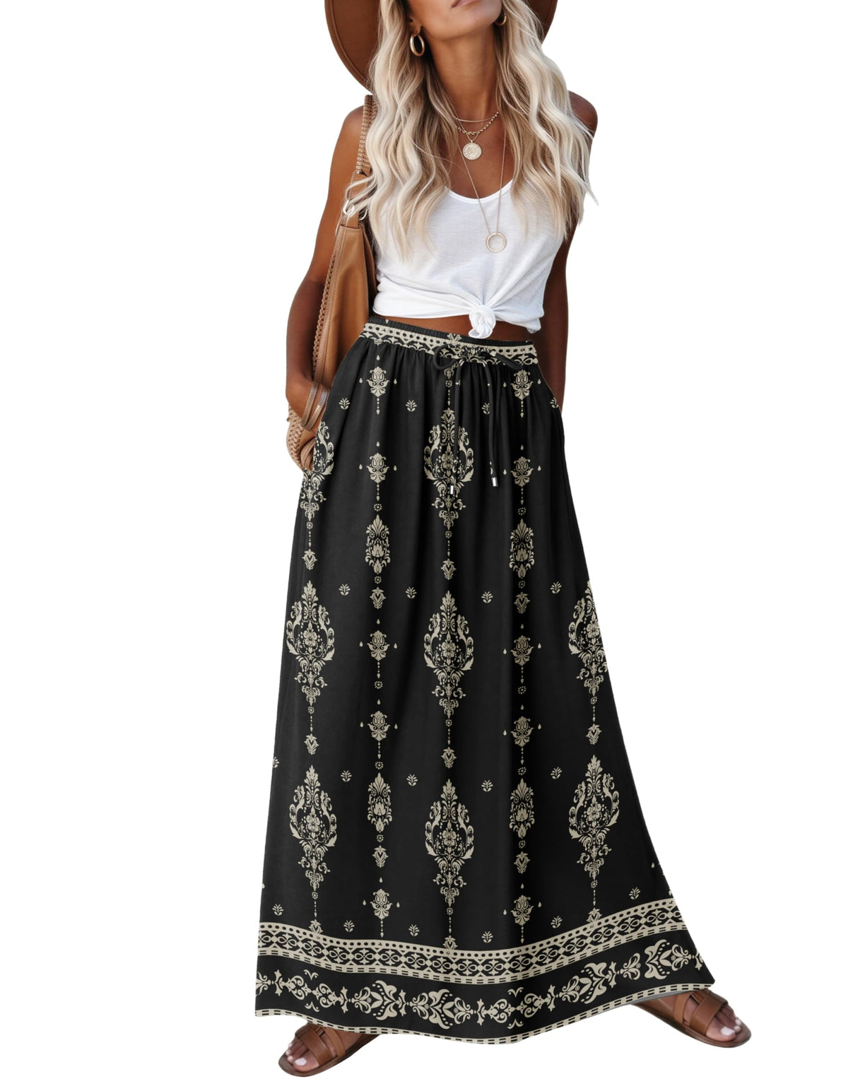 Zeagoo Women's 2026 Boho Floral Skirt Casual Elastic High Waist Maxi Skirts Flowy A Line Beach Long Skirt with Side Pockets