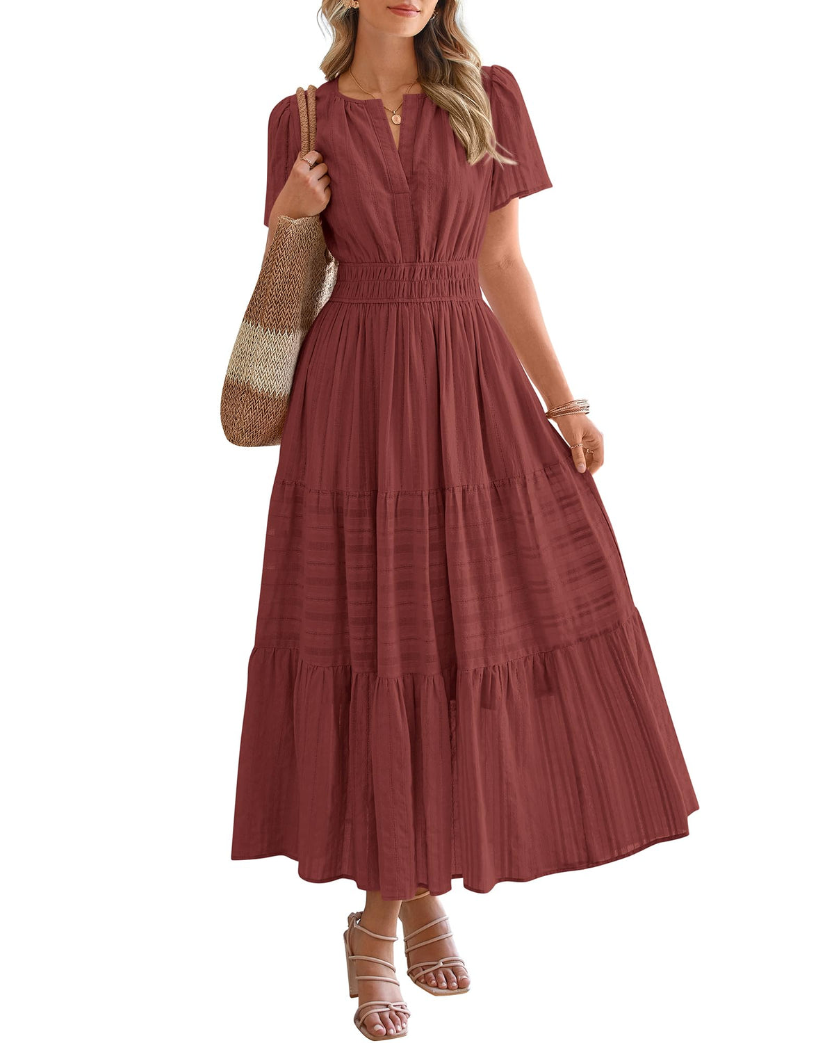 BTFBM Womens Summer 2026 Casual Midi Maxi Dresses Lightweight Short Sleeve V Neck Elastic Waist Boho Beach Dress Pockets