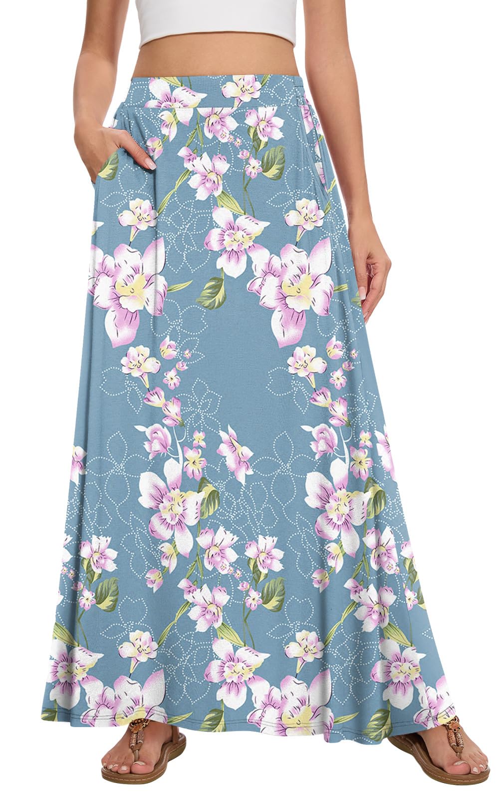 Womens Maxi A-line Long Skirt Casual 2026 Elastic High Waist Flowy Skirts with Pockets