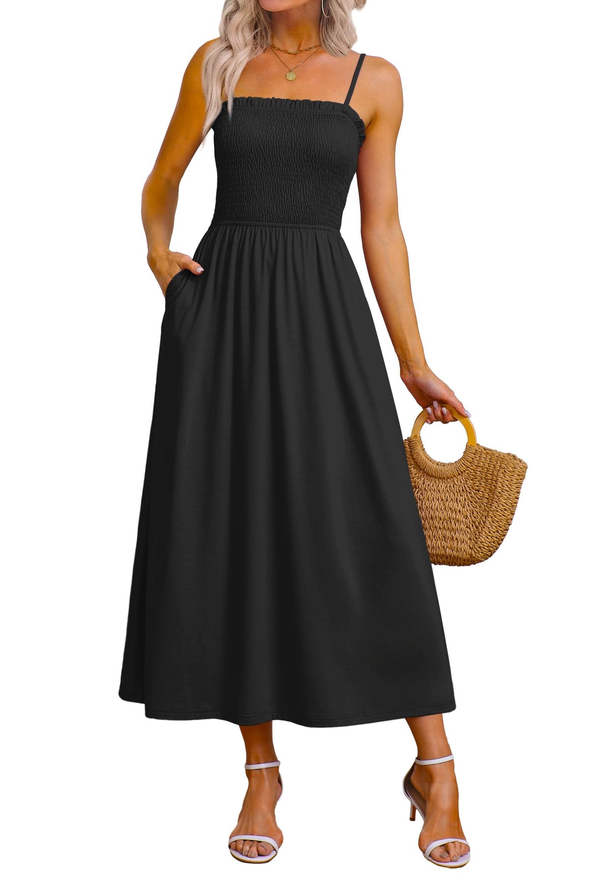 OFEEFAN Womens Spaghetti Strap Maxi Dresses Smocked with Pockets 2026 Summer Spring Casual Boho Beach Long Sundresses
